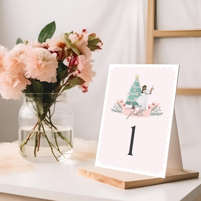 Pastel Pink Nutcracker Table Number Cards Printable Template, for baby shower or birthday party, dark skin tone ballerina winter wonderland