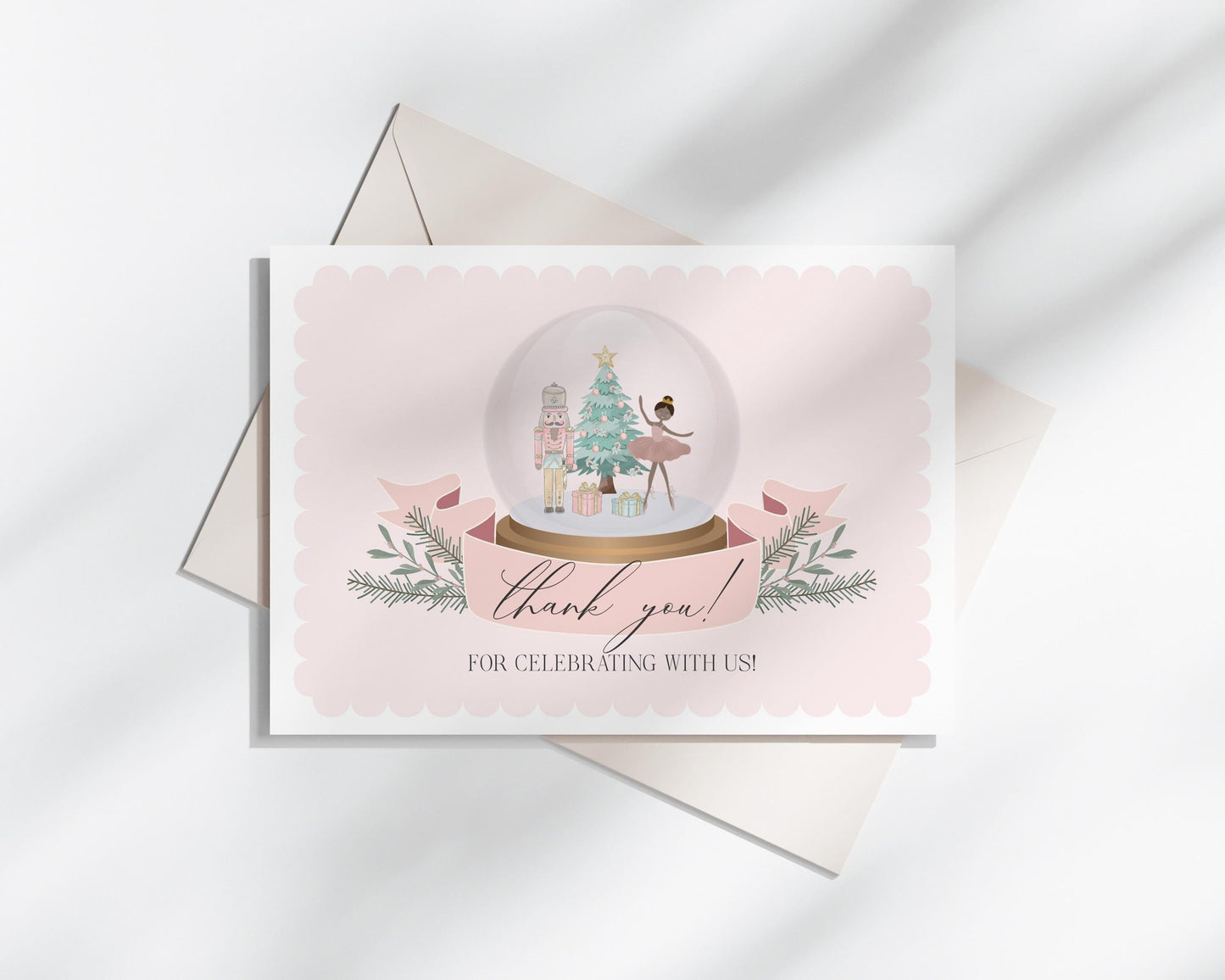 Pastel Pink Nutcracker Thank You Card Printable, dark skin tone ballerina Christmas winter wonderland birthday or baby shower sugar plum