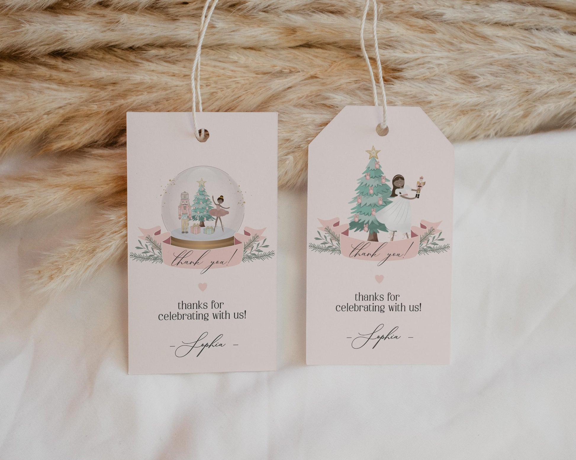 Pastel Pink Nutcracker December Birthday or Baby Shower Favor Tags, Dark skin tone ballerina Christmas winter wonderland birthday party