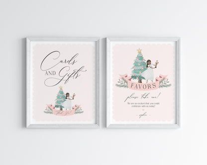 Pastel Pink Nutcracker Cards & Gifts Sign and Favors Sign Printable, Christmas dark skin tone ballerina winter wonderland sugar plum fairy