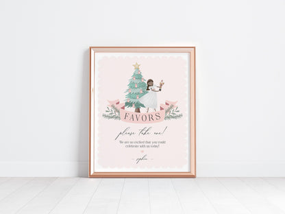 Pastel Pink Nutcracker Cards & Gifts Sign and Favors Sign Printable, Christmas dark skin tone ballerina winter wonderland sugar plum fairy