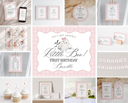 Pink Ghost First Birthday Bundle Template, Preppy Gingham Halloween 1st Birthday Party for Fall October Bday, Cute Ghost Theme Party