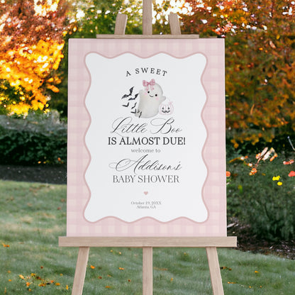 Pink Ghost Baby Shower Welcome Sign Printable Template, Preppy Gingham Halloween Baby Sprinkle for Fall October Baby Cute Ghost Theme Shower