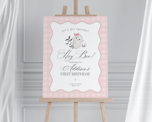 Pink Ghost Birthday Welcome Sign Printable Template, Preppy Gingham Halloween Birthday Party for Fall October Bday, Cute Ghost Theme Party