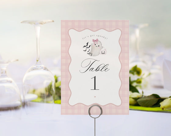 Pink Ghost Table Number Cards Printable Template, Preppy Gingham Halloween Birthday Party for Fall October Baby Shower, Cute Ghost Theme