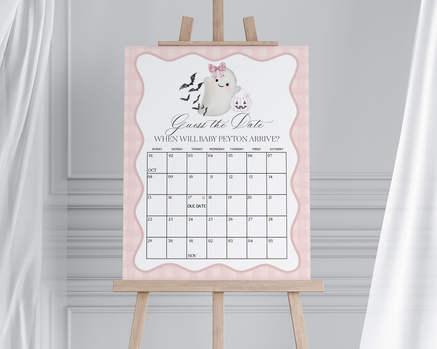 Pink Ghost Baby Shower Guess the Date Game Template, Preppy Gingham Halloween Baby Sprinkle for Fall October Baby, Cute Ghost Theme Shower