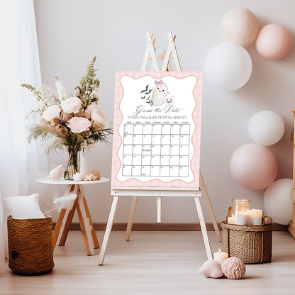 Pink Ghost Baby Shower Guess the Date Game Template, Preppy Gingham Halloween Baby Sprinkle for Fall October Baby, Cute Ghost Theme Shower