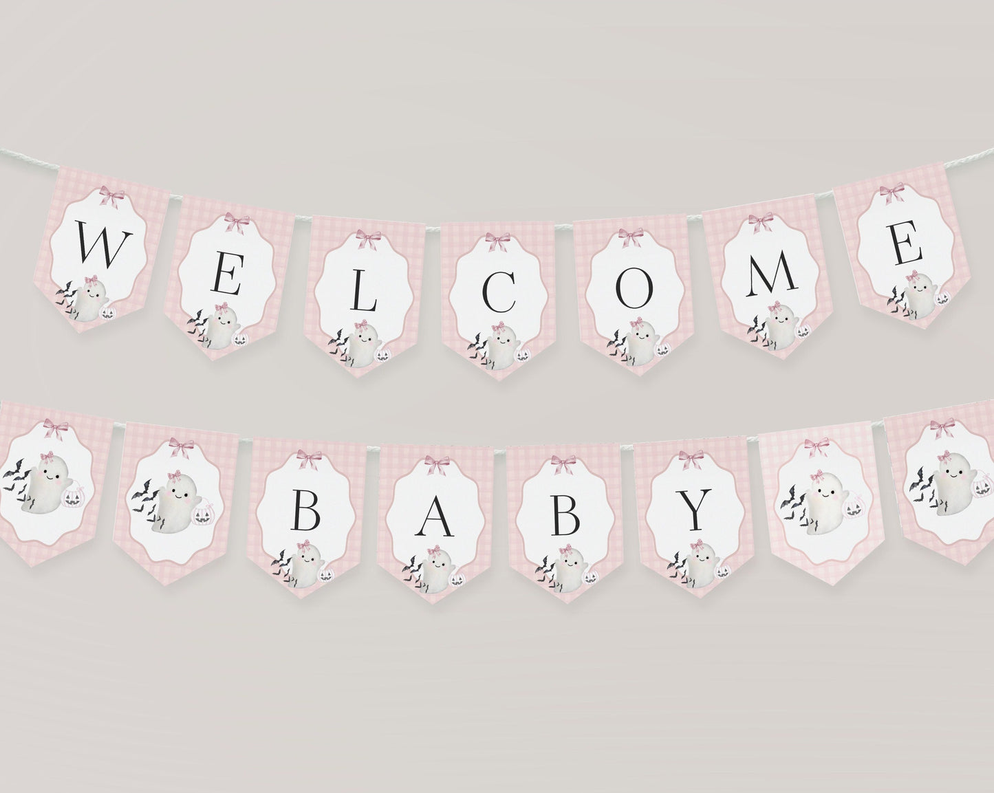 Pink Ghost Baby Shower Banner Printable Template, Preppy Gingham Halloween Baby Sprinkle for Fall October Baby, Cute Ghost Theme Baby Shower