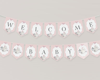 Pink Ghost Baby Shower Banner Printable Template, Preppy Gingham Halloween Baby Sprinkle for Fall October Baby, Cute Ghost Theme Baby Shower