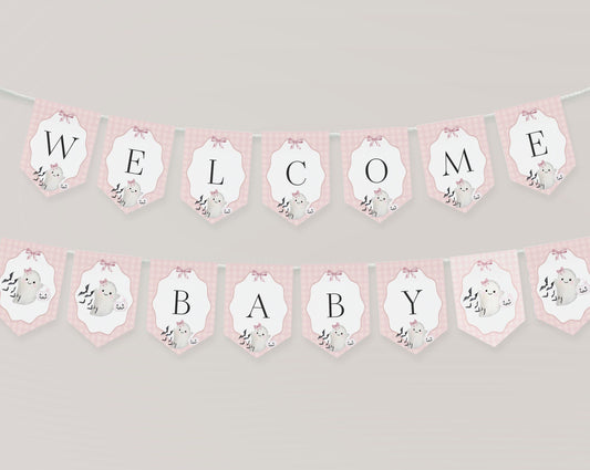 Pink Ghost Baby Shower Banner Printable Template, Preppy Gingham Halloween Baby Sprinkle for Fall October Baby, Cute Ghost Theme Baby Shower