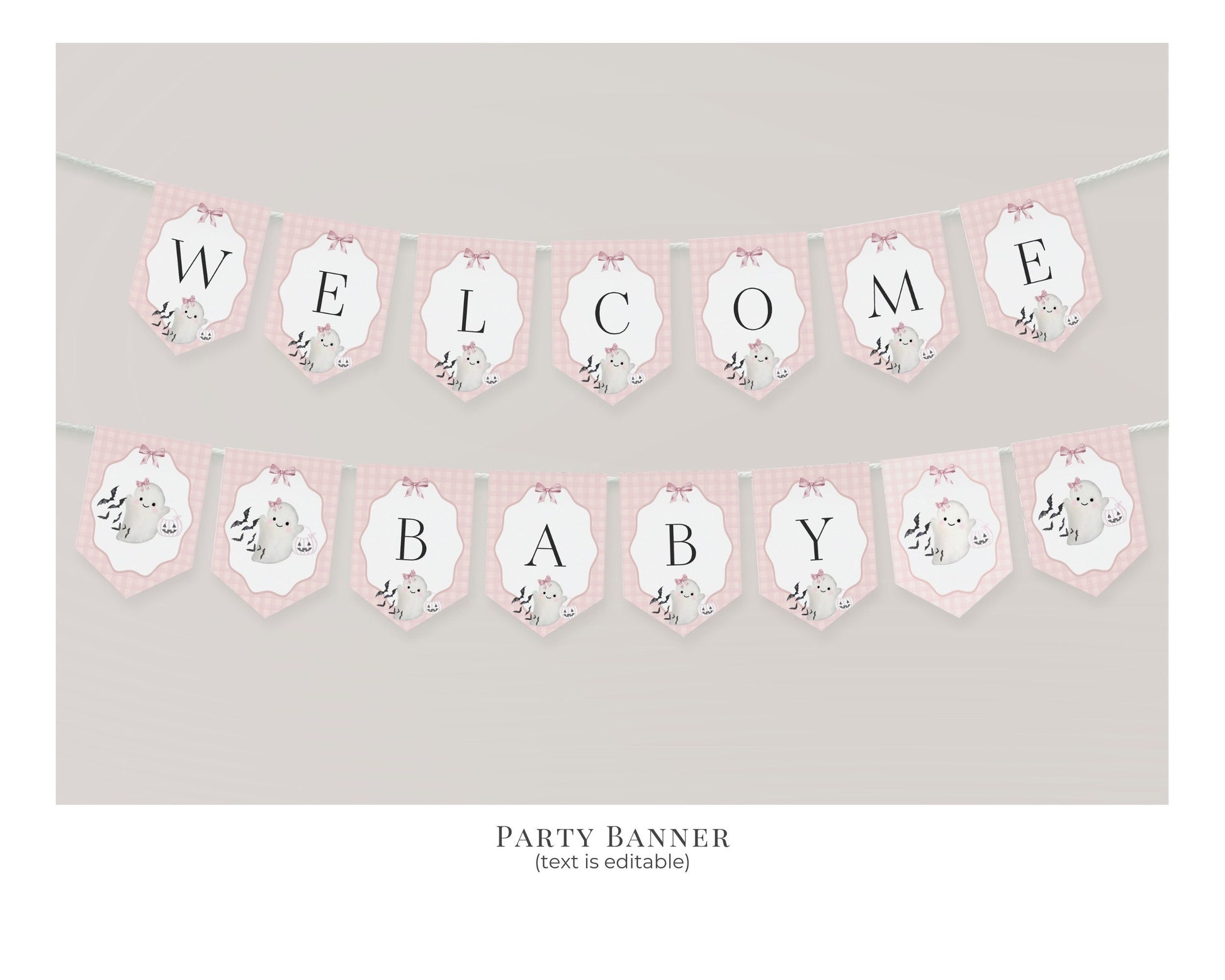 Pink Ghost Baby Shower Banner Printable Template, Preppy Gingham Halloween Baby Sprinkle for Fall October Baby, Cute Ghost Theme Baby Shower