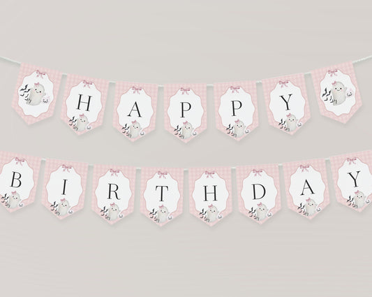 Pink Ghost Happy Birthday Banner Printable Template, Preppy Gingham Halloween Birthday Party for Fall October Bday, Cute Ghost Theme Party