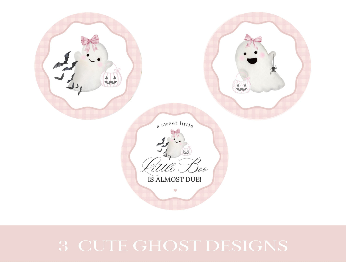 Pink Ghost Baby Shower Cupcake Toppers Printable Template, Preppy Gingham Halloween Baby Sprinkle for Fall October Baby, Cute Ghost Theme