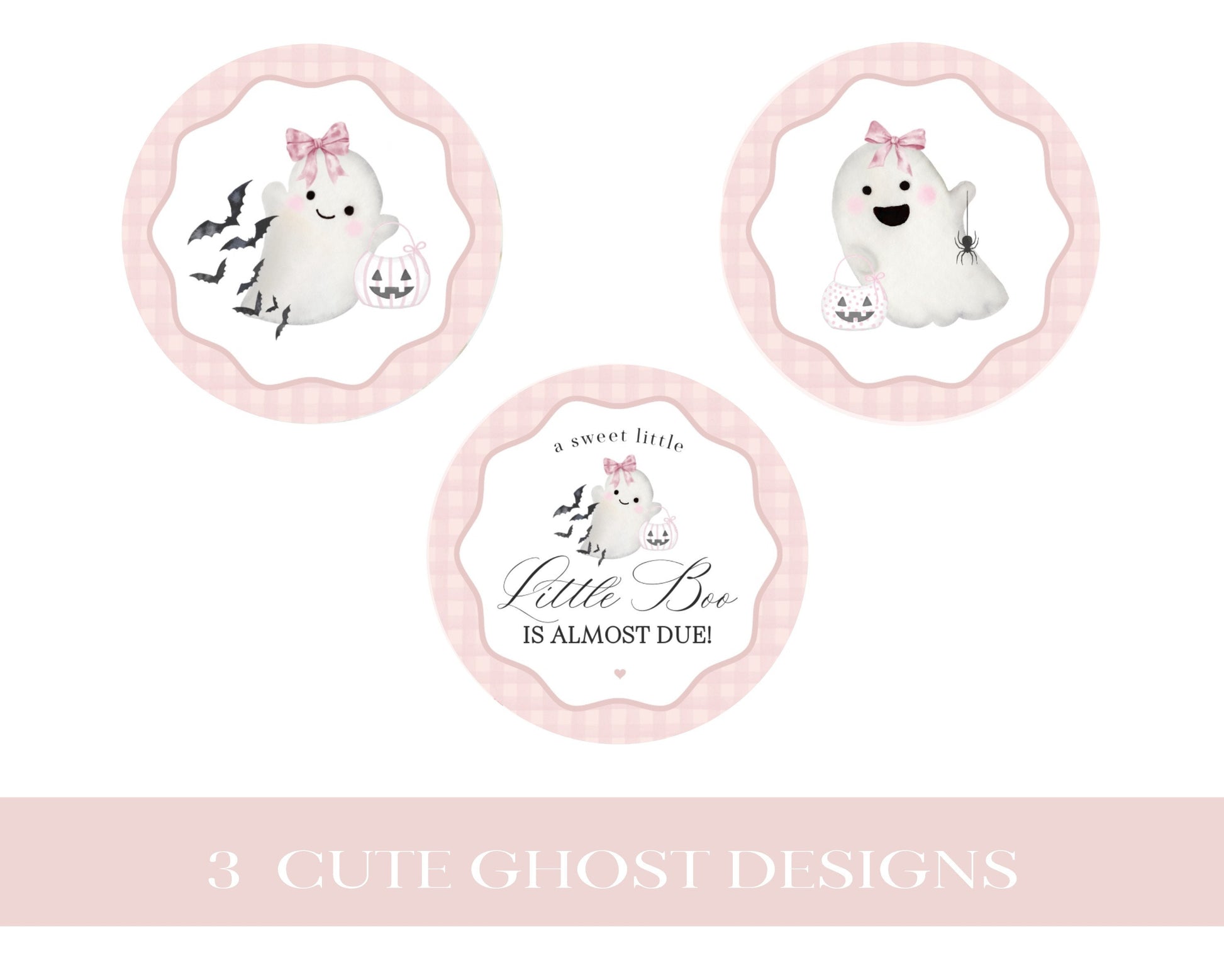 Pink Ghost Baby Shower Cupcake Toppers Printable Template, Preppy Gingham Halloween Baby Sprinkle for Fall October Baby, Cute Ghost Theme