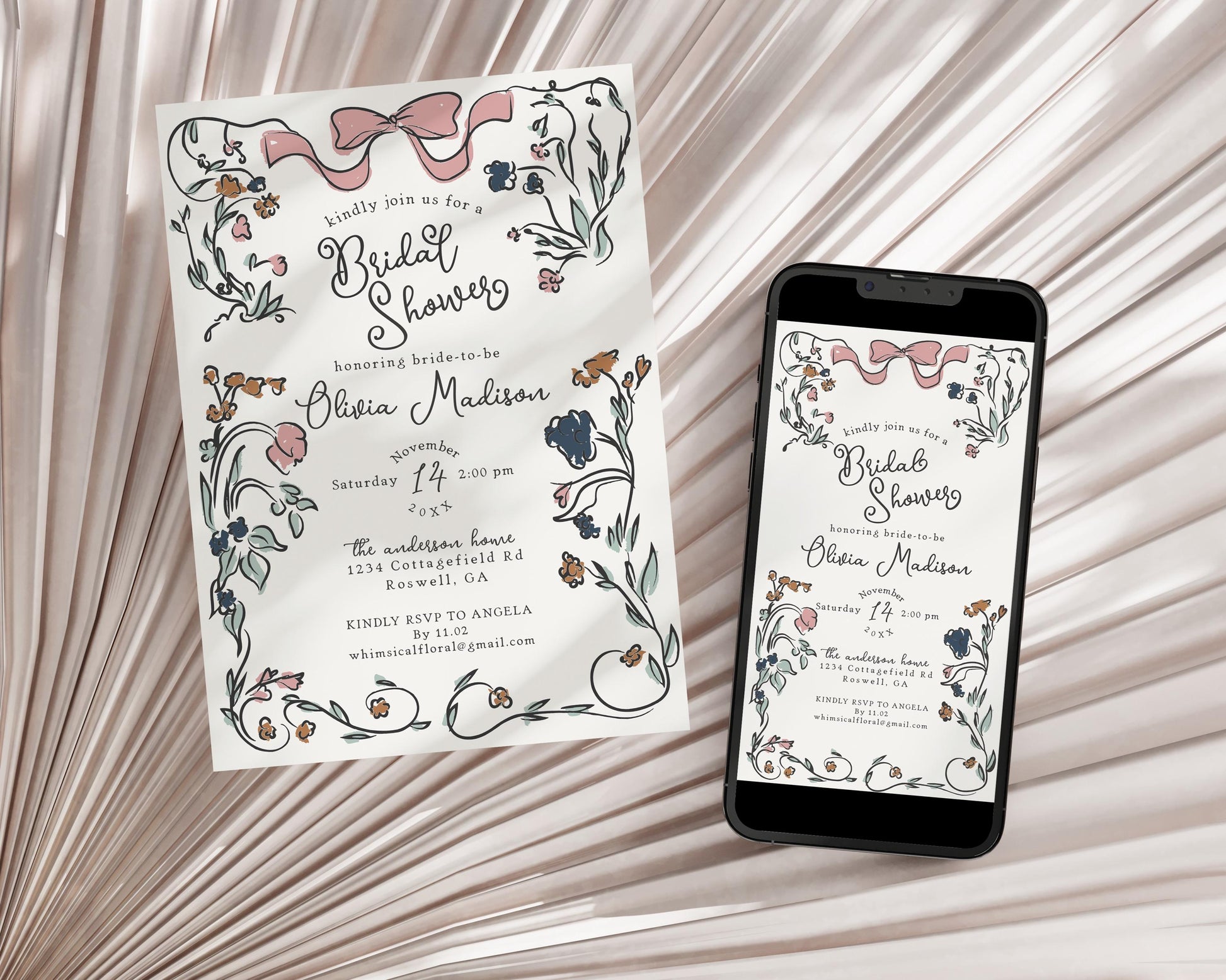 French Floral Bridal Shower Invitation Printable Template, Hand Drawn Bridal Brunch, Boho French Garden Party Decor, Illustrated Doodle