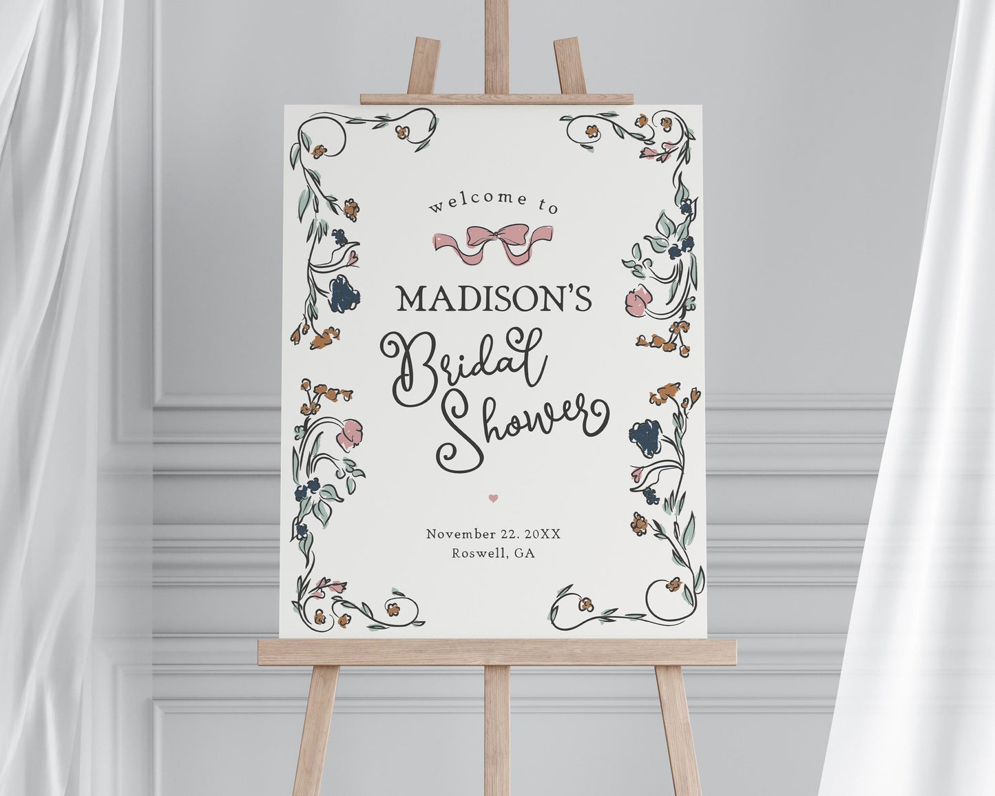 French Floral Bridal Shower Welcome Sign Printable Template, Hand Drawn Bridal Brunch, Boho French Garden Party Decor Illustrated Doodle