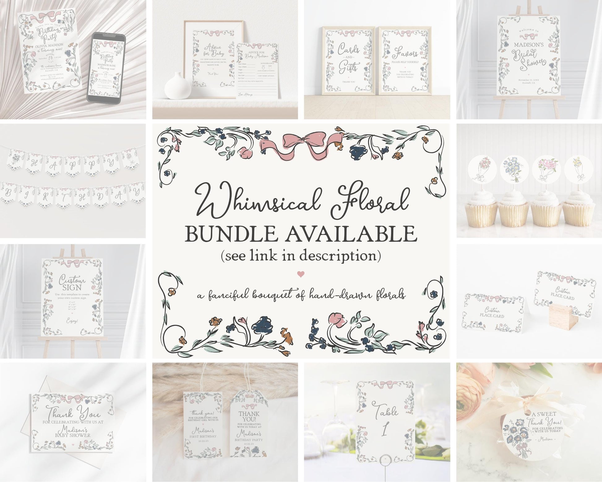 French Floral Bridal Shower Welcome Sign Printable Template, Hand Drawn Bridal Brunch, Boho French Garden Party Decor Illustrated Doodle