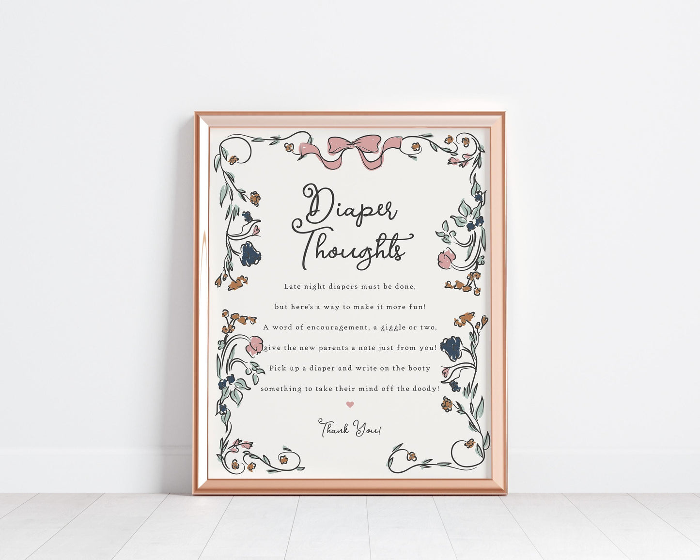 French Floral Baby Shower Diaper Thoughts Sign Printable Template, Hand Drawn Girl Baby Sprinkle, Boho French Garden Illustrated Doodle