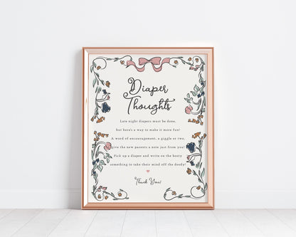 French Floral Baby Shower Diaper Thoughts Sign Printable Template, Hand Drawn Girl Baby Sprinkle, Boho French Garden Illustrated Doodle