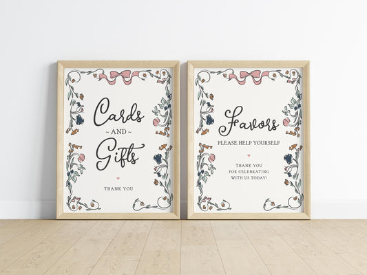 French Floral Cards & Gifts and Favors Sign Printable Template, Boho Floral Garden Birthday Party, Illustrated Bridal Decor Girl Baby Shower