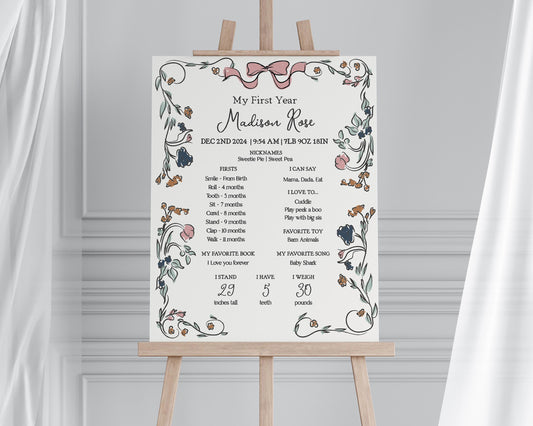 French Floral My First Year Milestone Sign Printable Template, Hand Drawn Birthday Party for Girl, Boho French Garden Illustrated Doodle