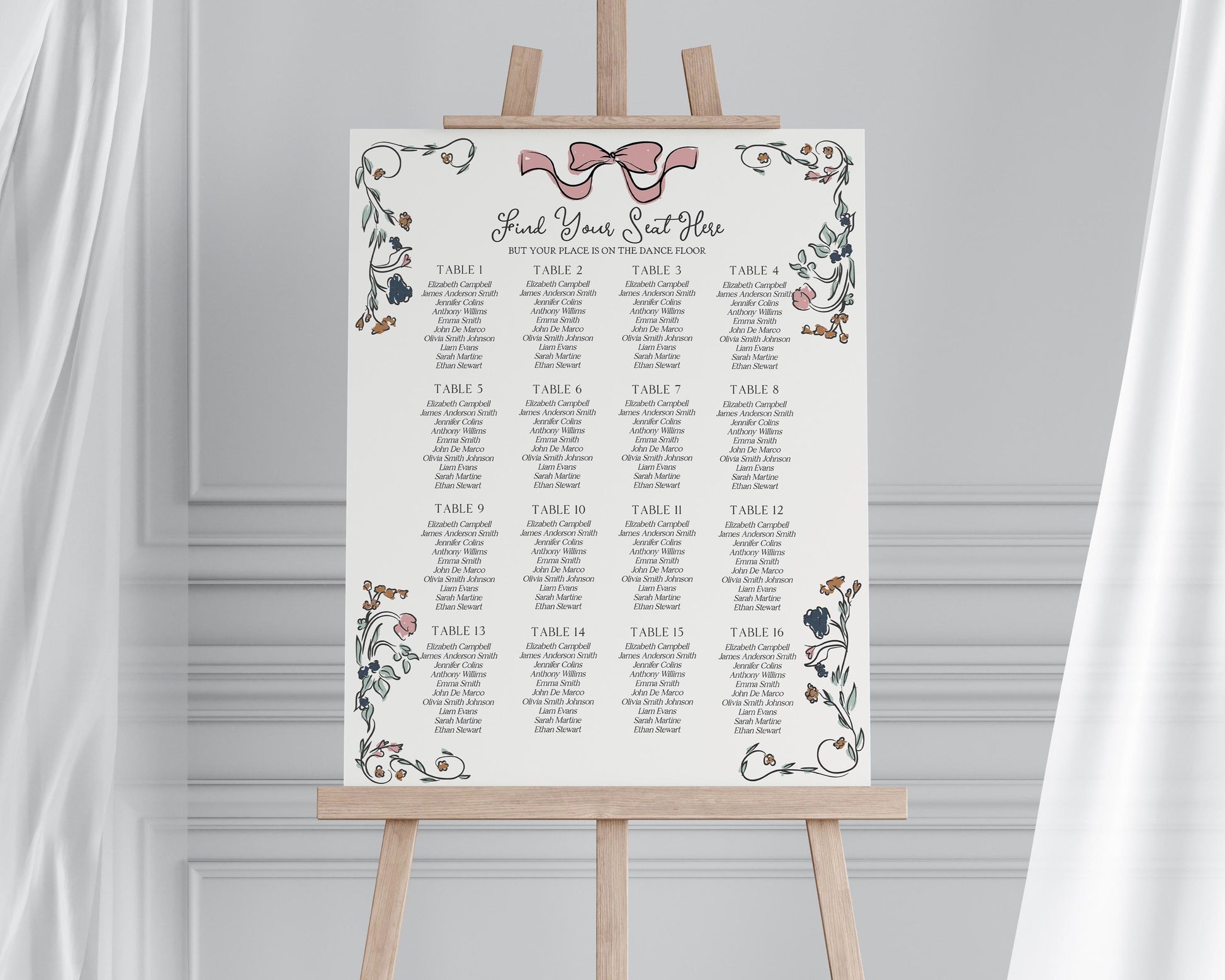 French Floral Wedding Seating Chart Poster Printable Template, Hand Drawn Bridal Brunch, Boho French Garden Party, Illustrated Doodle