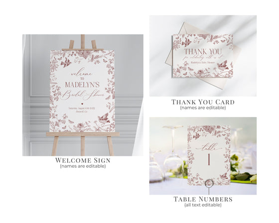 Fall Toile Bridal Shower Bundle Printable Template, Autumn Burgundy Chinoiserie Bridal Shower September October Wedding French Toile De Jouy