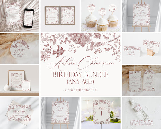 Fall Toile Birthday Bundle Printable Template, Burgundy Chinoiserie Birthday Party for September October Bday Autumn French Toile De Jouy