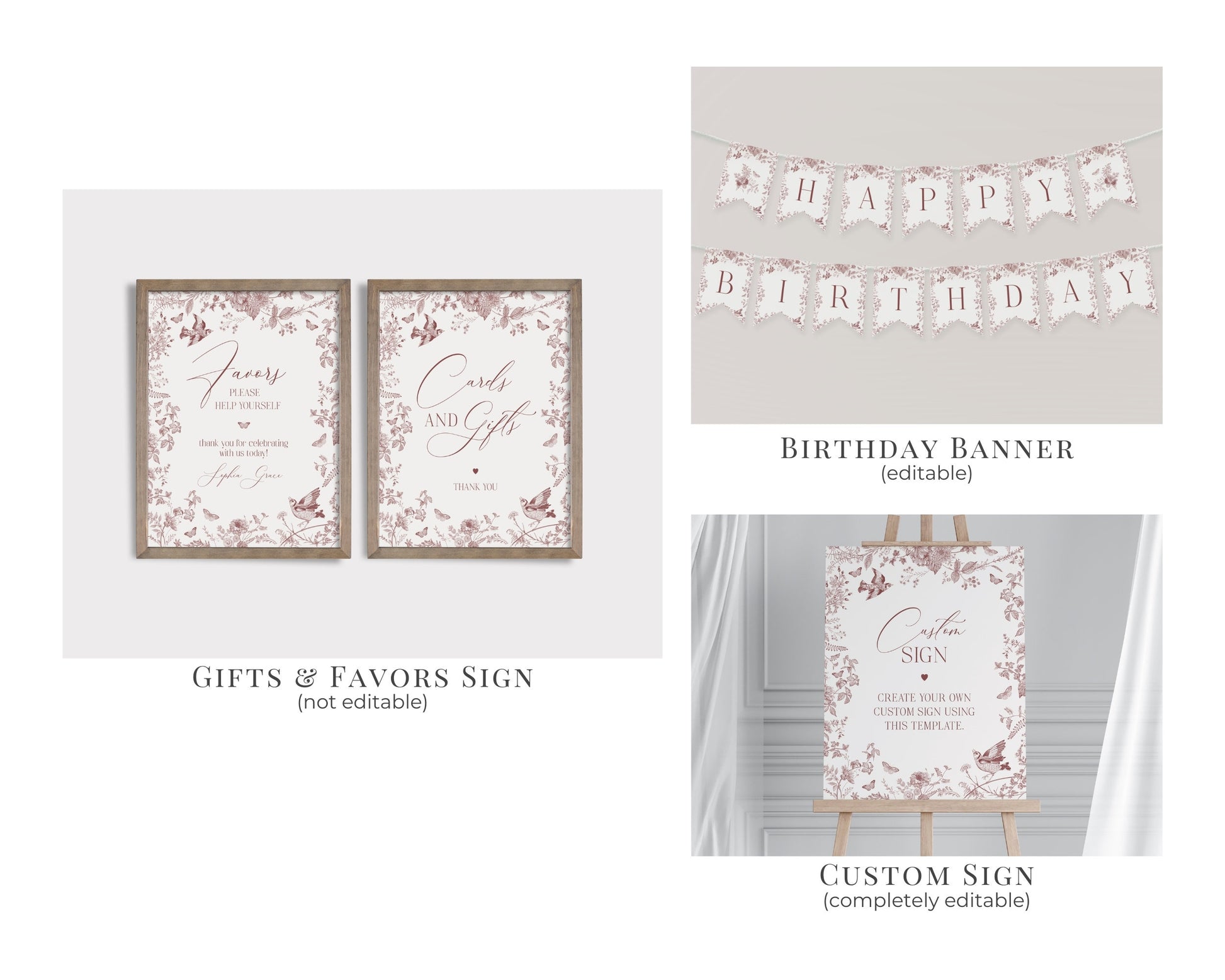 Fall Toile First Birthday Bundle Printable Template, Burgundy Chinoiserie 1st Birthday Party for September October Bday French Toile De Jouy