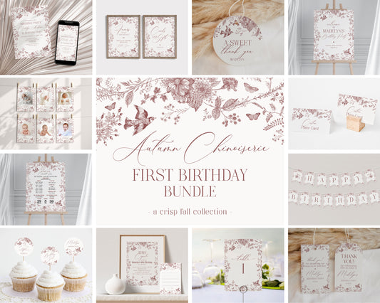 Fall Toile First Birthday Bundle Printable Template, Burgundy Chinoiserie 1st Birthday Party for September October Bday French Toile De Jouy