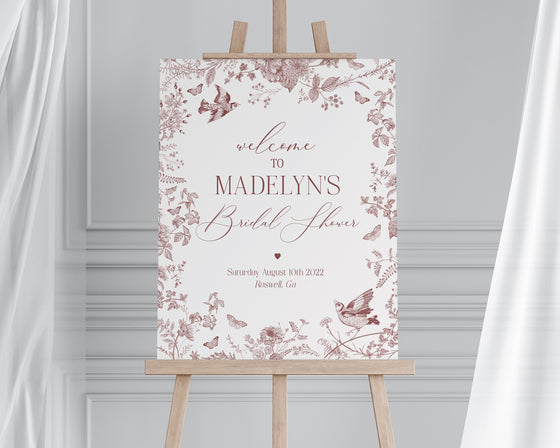 Fall Toile De Jouy Bridal Shower Welcome Sign Printable Template, Burgundy Chinoiserie Bridal Shower for September October Wedding French