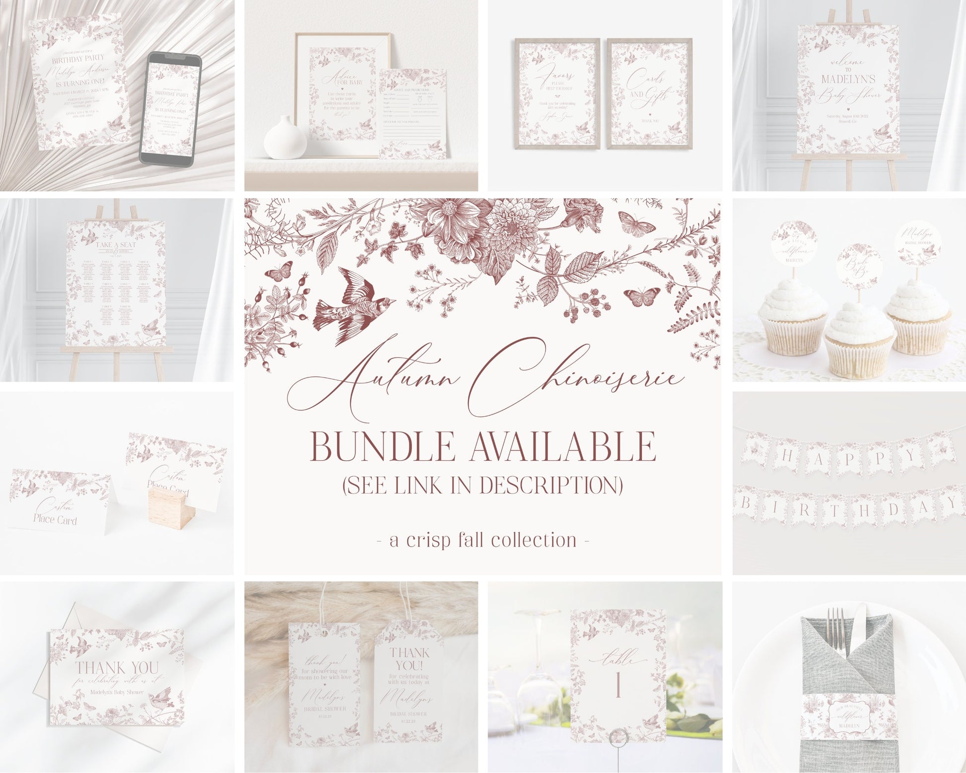 Fall Toile Baby Shower Welcome Sign Printable Template, Burgundy chinoiserie baby shower decor September October Autumn French Toile De Jouy