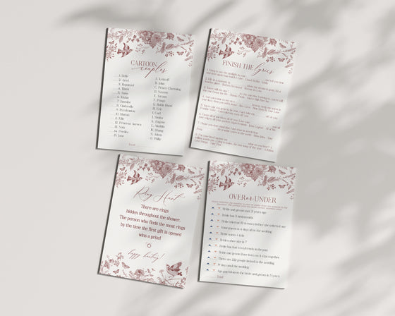 Fall Toile Bridal Shower Games Set Printable Template, Burgundy Chinoiserie Bridal Shower for September October Wedding French Toile De Jouy