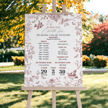 Fall Toile First Year Milestone Sign Template, Burgundy Chinoiserie 1st Birthday Party for September October Bday French Toile De Jouy