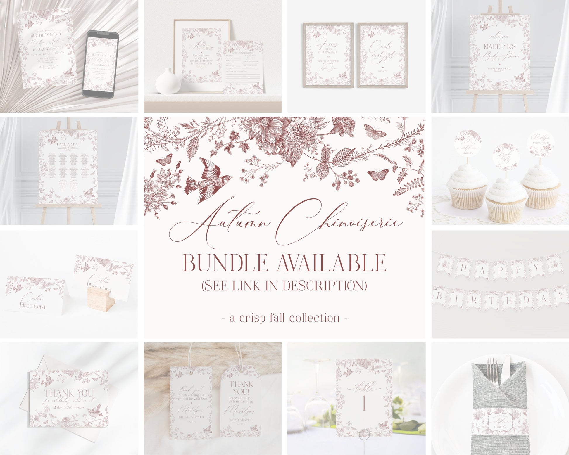 Fall Toile First Year Milestone Sign Template, Burgundy Chinoiserie 1st Birthday Party for September October Bday French Toile De Jouy