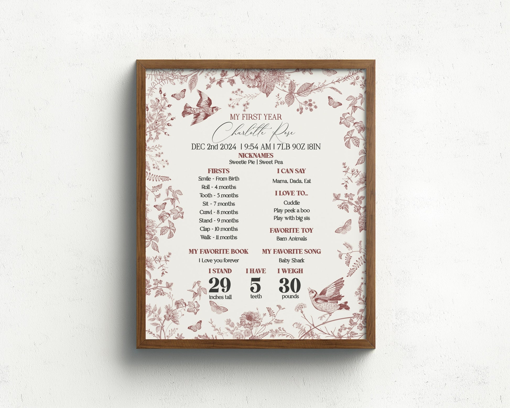 Fall Toile First Year Milestone Sign Template, Burgundy Chinoiserie 1st Birthday Party for September October Bday French Toile De Jouy