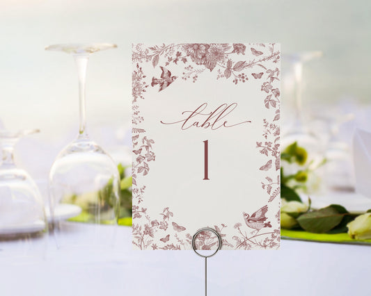 Fall Toile Table Number Cards Printable Template, Burgundy Chinoiserie Wedding for September October November French Toile De Jouy