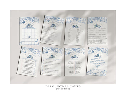 Blue Toile De Jouy Pumpkin Bridal Shower Printable Bundle, Blue Fall Chinoiserie Decor for October French Bridal Brunch Autumn Wedding Decor