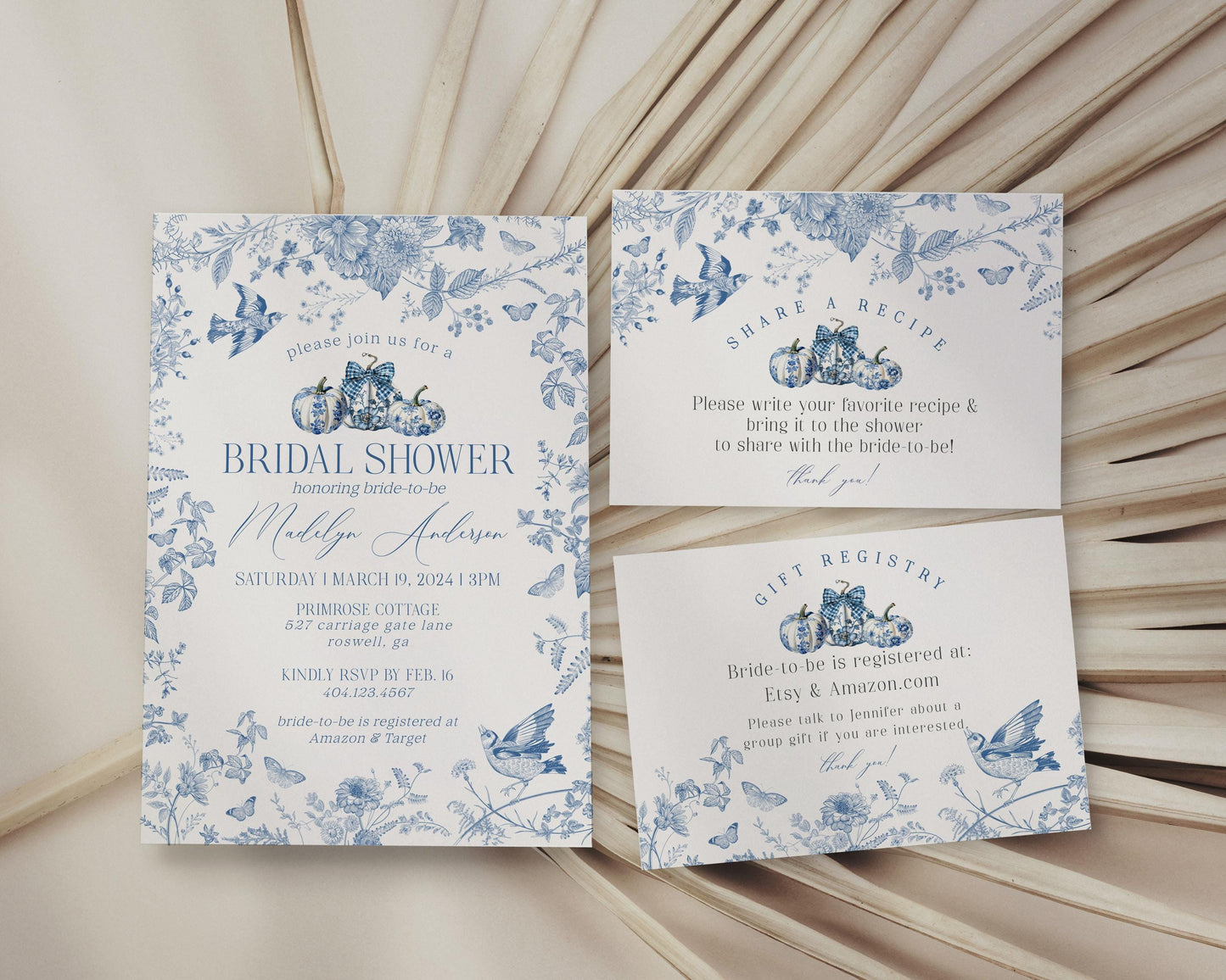 Blue Toile De Jouy Pumpkin Bridal Shower Printable Bundle, Blue Fall Chinoiserie Decor for October French Bridal Brunch Autumn Wedding Decor