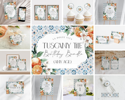 Tuscany Tile Birthday Bundle Printable Template, Orange Citrus Mediterranean birthday with Spanish tiles, Italian theme positano beach party