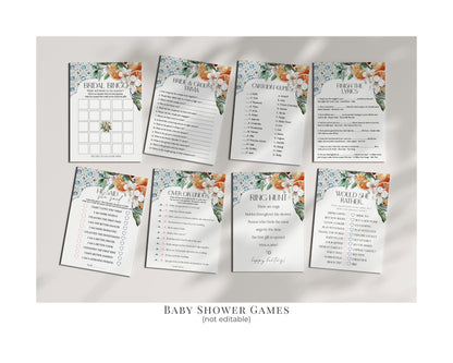 Tuscany Tile Bridal Shower Printable Bundle, Orange Citrus Mediterranean bridal brunch with Spanish tiles, Italian theme positano beach