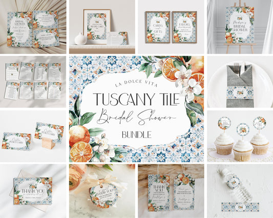 Tuscany Tile Bridal Shower Printable Bundle, Orange Citrus Mediterranean bridal brunch with Spanish tiles, Italian theme positano beach