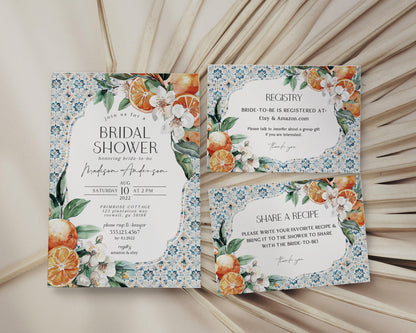 Tuscany Tile Bridal Shower Printable Bundle, Orange Citrus Mediterranean bridal brunch with Spanish tiles, Italian theme positano beach