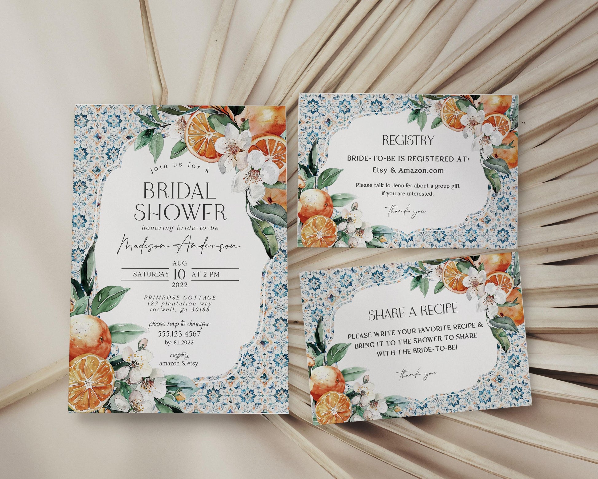 Tuscany Tile Bridal Shower Invitation Printable Template, Orange and blue Citrus Mediterranean bridal brunch with Italian Spanish tiles