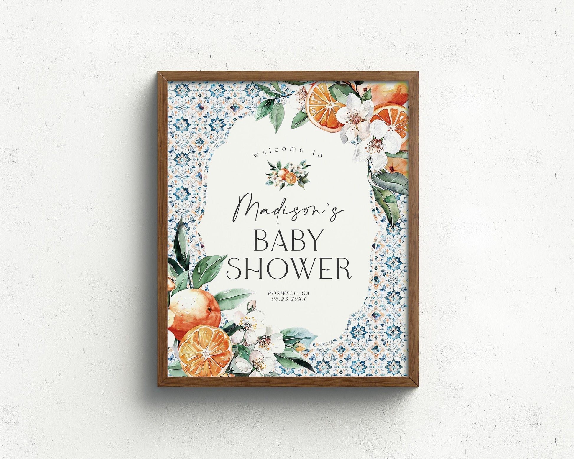 Tuscany Tile Baby Shower Welcome Sign Printable Template, Orange Citrus Mediterranean baby sprinkle Spanish tile Italian beach theme