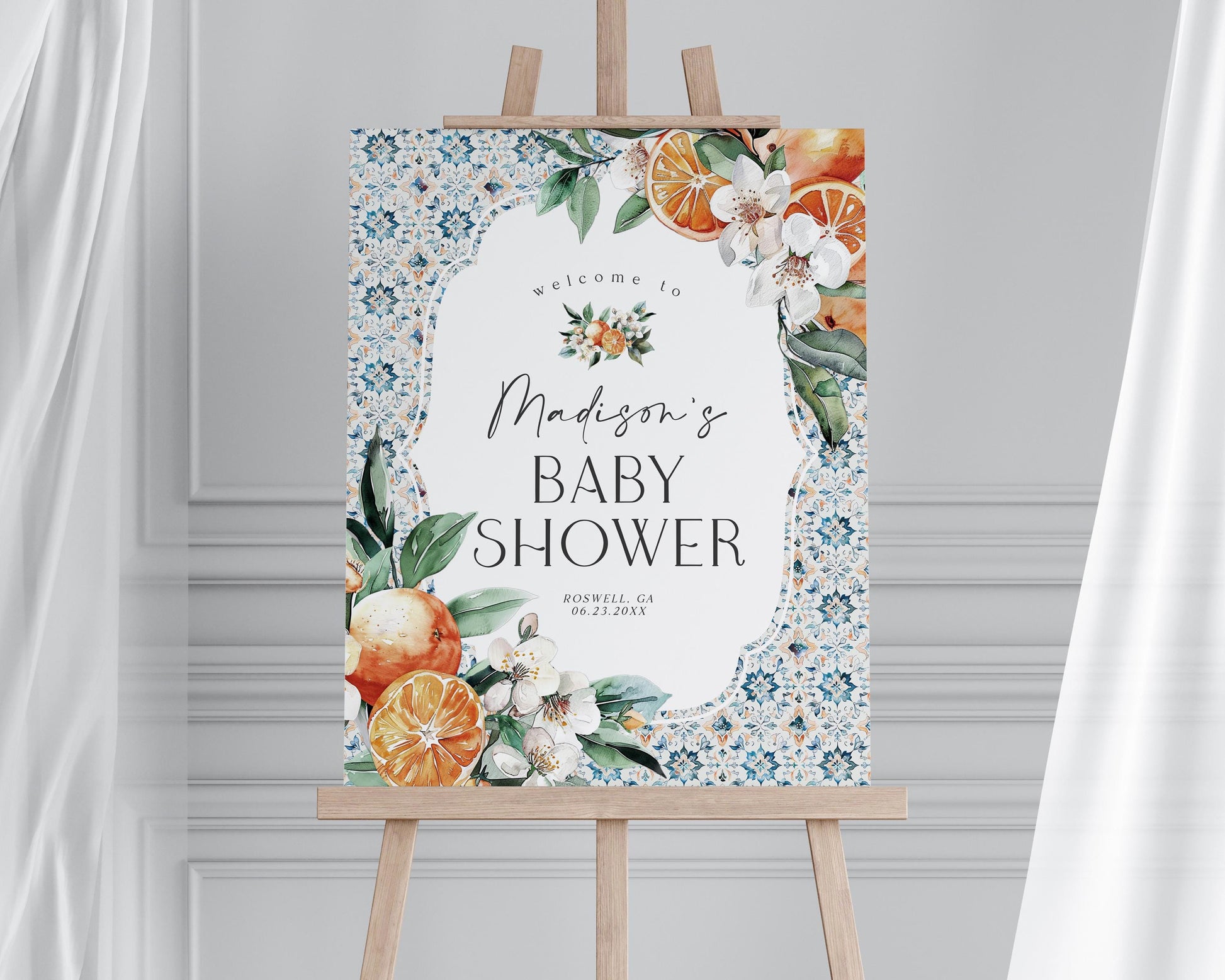 Tuscany Tile Baby Shower Welcome Sign Printable Template, Orange Citrus Mediterranean baby sprinkle Spanish tile Italian beach theme