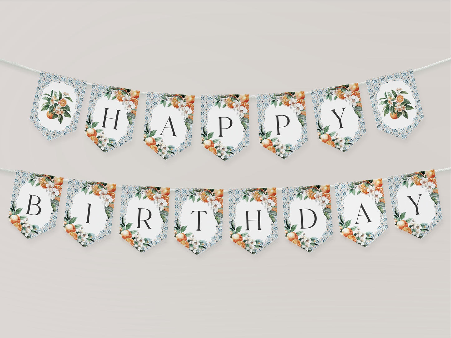 Tuscany Tile Birthday Shower Banner Printable Template, Orange Citrus Mediterranean birthday with Spanish tile Italian theme positano beach