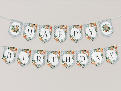 Tuscany Tile Birthday Shower Banner Printable Template, Orange Citrus Mediterranean birthday with Spanish tile Italian theme positano beach