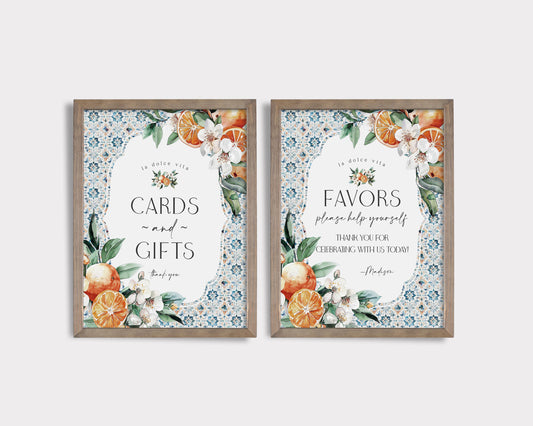 Tuscany Tile Cards & Gifts and Favors Sign Printable Template, Orange Citrus Mediterranean wedding with Spanish tile Italian theme positano