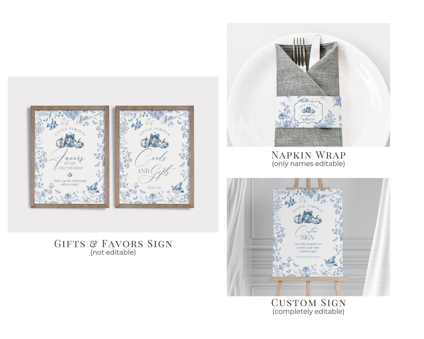 Blue Toile De Jouy Baby Shower Printable Bundle, Blue Fall Chinoiserie Decor for October French Baby Brunch, Autumn Shower Decor